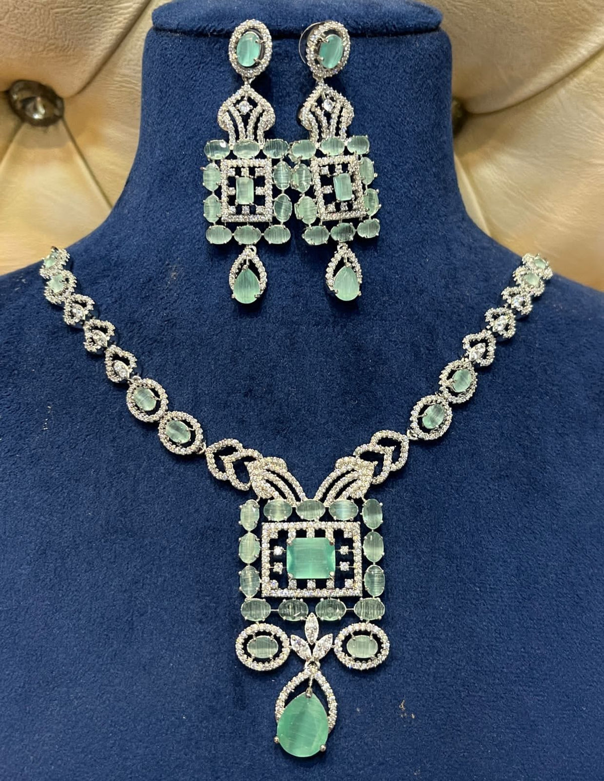 Stunning AD Necklace Set with CZ Stones for Indian Weddings Pakistani Jewelry and Bridal Looks - Libasaa.com