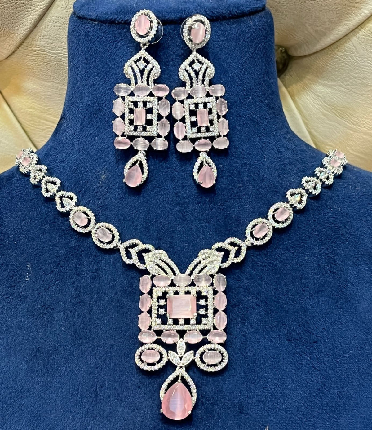 Stunning AD Necklace Set with CZ Stones for Indian Weddings Pakistani Jewelry and Bridal Looks - Libasaa.com