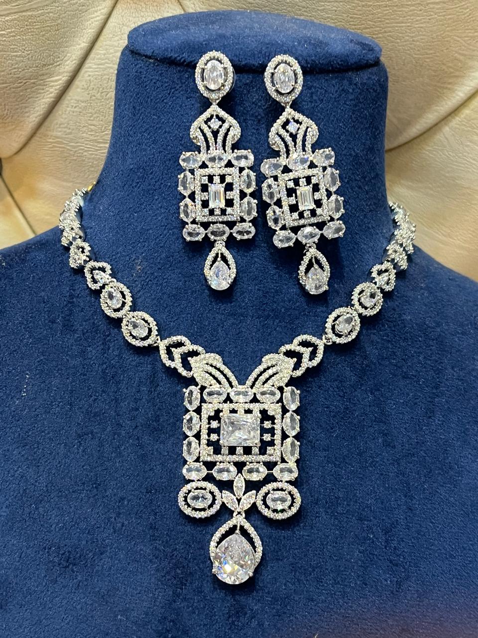 Stunning AD Necklace Set with CZ Stones for Indian Weddings Pakistani Jewelry and Bridal Looks - Libasaa.com