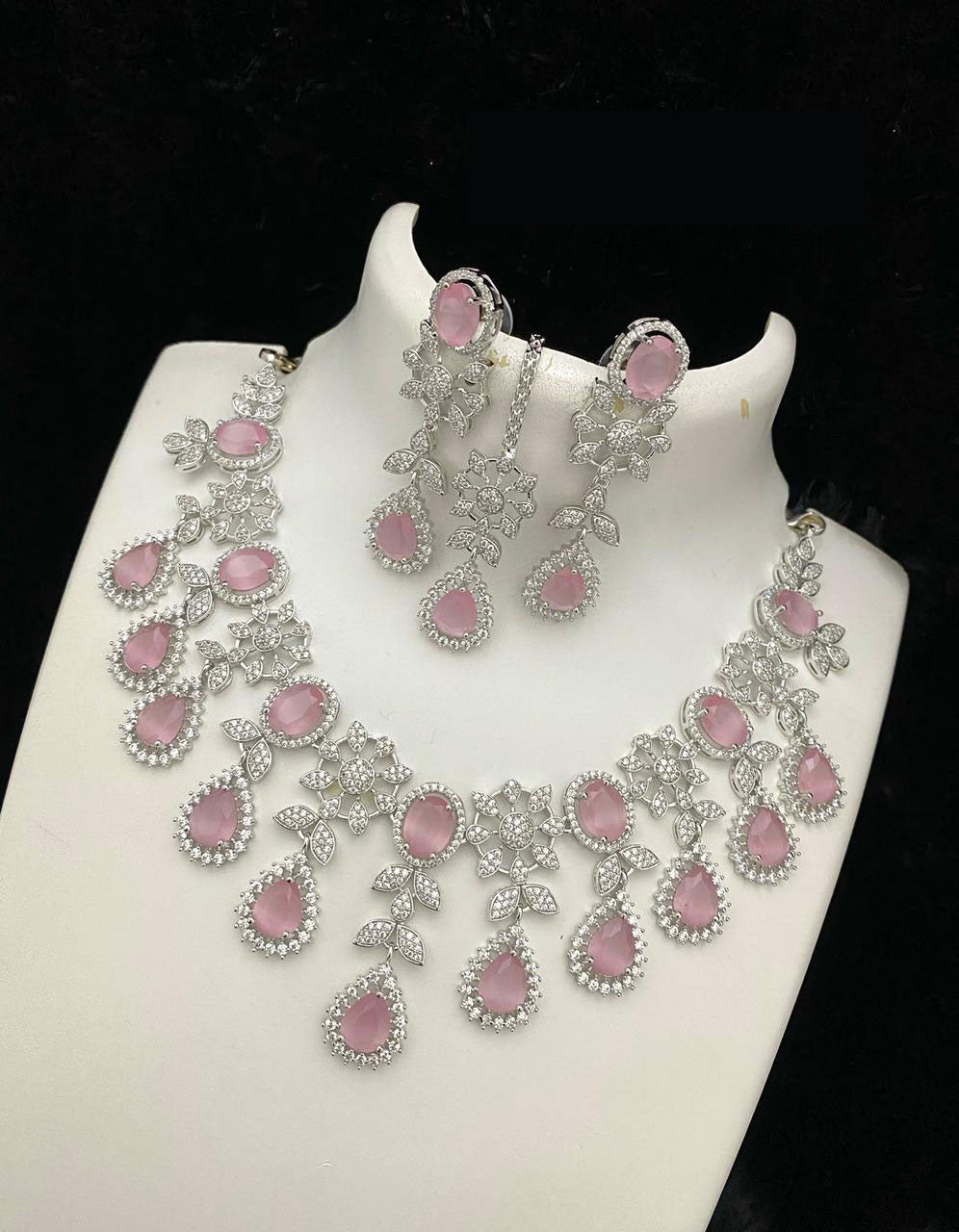 Bollywood Style American Diamond Choker Necklace Earrings Set with Maangtika forWedding and Engagement Occasions - Libasaa.com