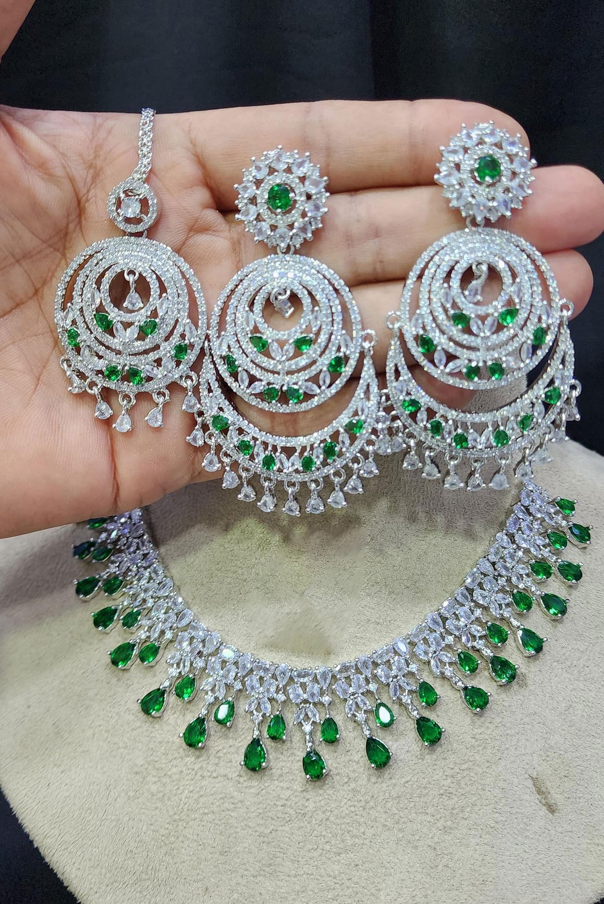 Pakistani Jewelry Inspired CZ Necklace Earrings Set with Maangtika AD Design for Engagement - Libasaa.com