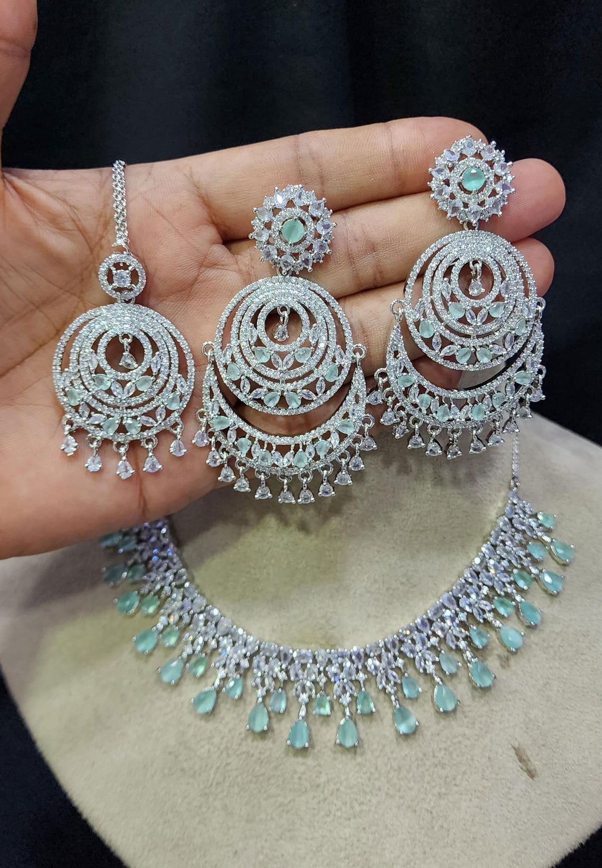 Pakistani Jewelry Inspired CZ Necklace Earrings Set with Maangtika AD Design for Engagement - Libasaa.com