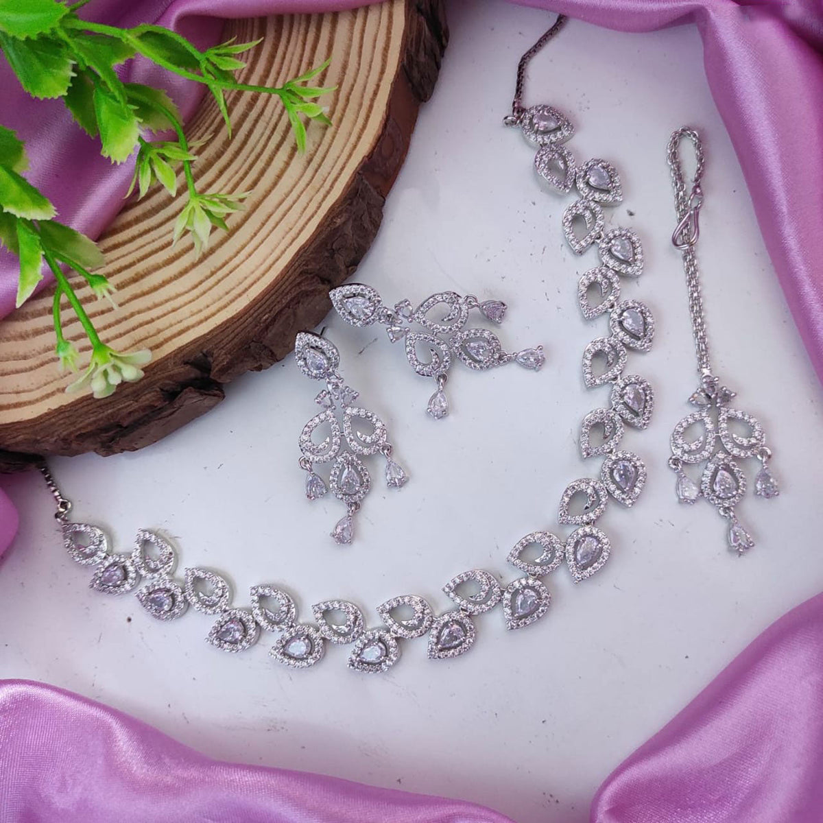 Farah khan Elegant AD Choker Necklace Set with Maangtika American Diamond and Silver Finish Perfect for Bridal Weddings - Libasaa.com