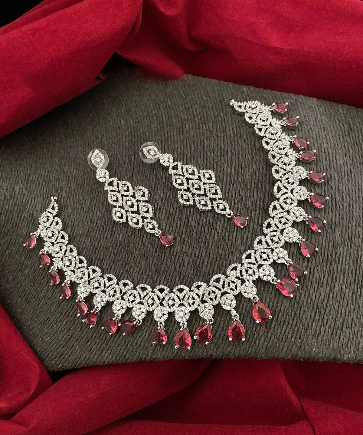 Glamorous AD Necklace Set with CZ Stones for Bridal Wedding Indian and Pakistani Jewelry - Libasaa.com