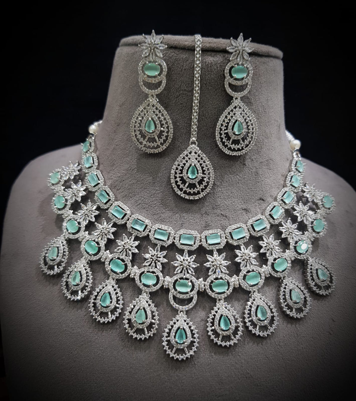 Stunning CZ Necklace Set with Maangtika American Diamond AD Design Perfect for Weddings and Engagements - Libasaa.com