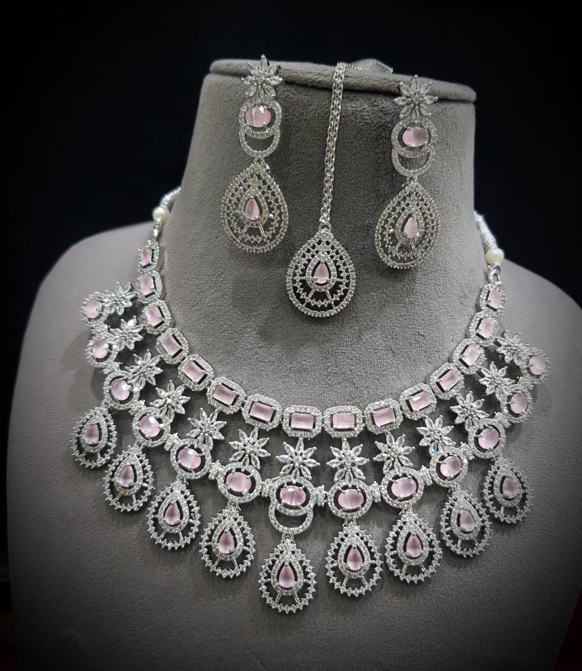 Stunning CZ Necklace Set with Maangtika American Diamond AD Design Perfect for Weddings and Engagements - Libasaa.com