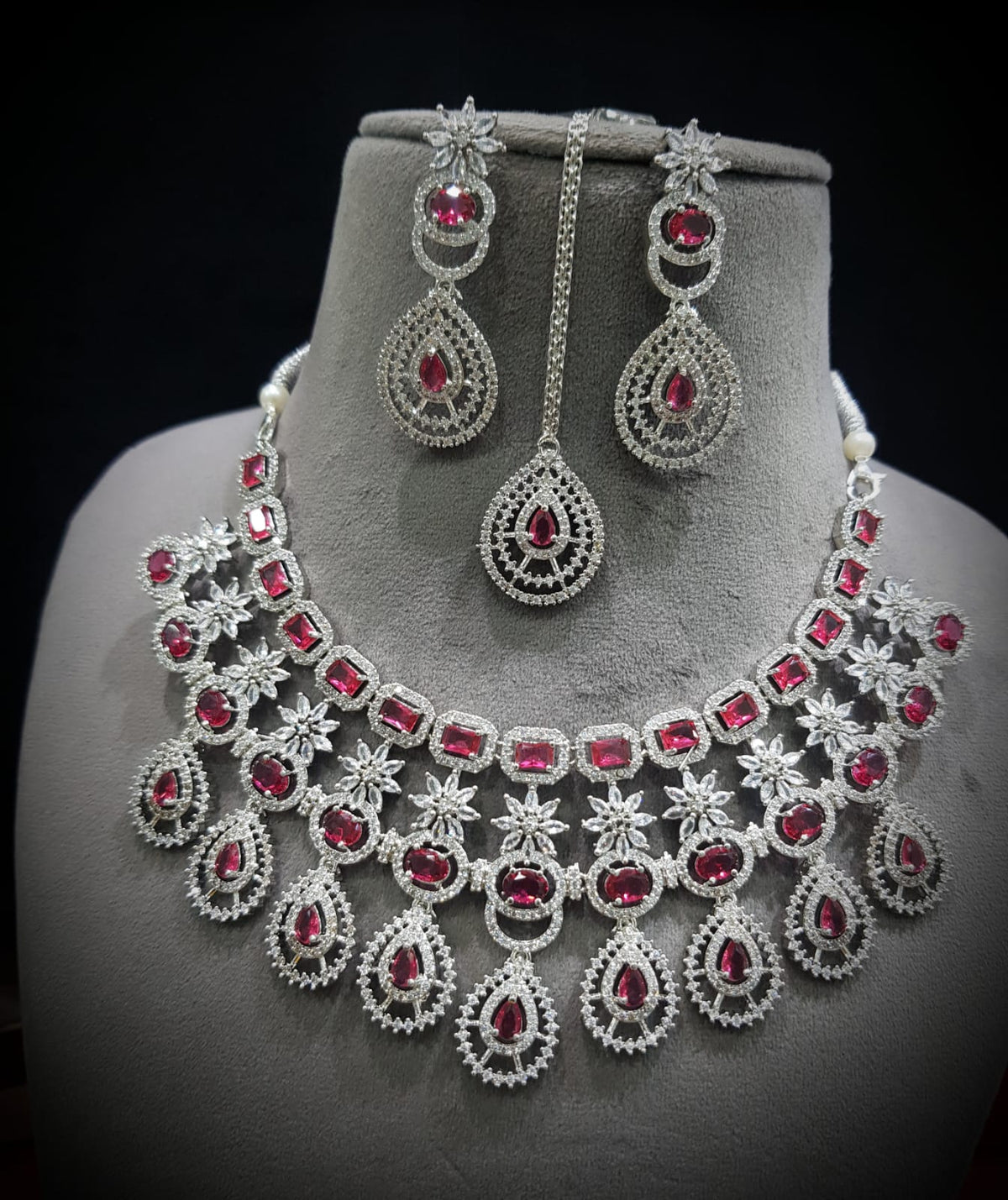 Stunning CZ Necklace Set with Maangtika American Diamond AD Design Perfect for Weddings and Engagements - Libasaa.com