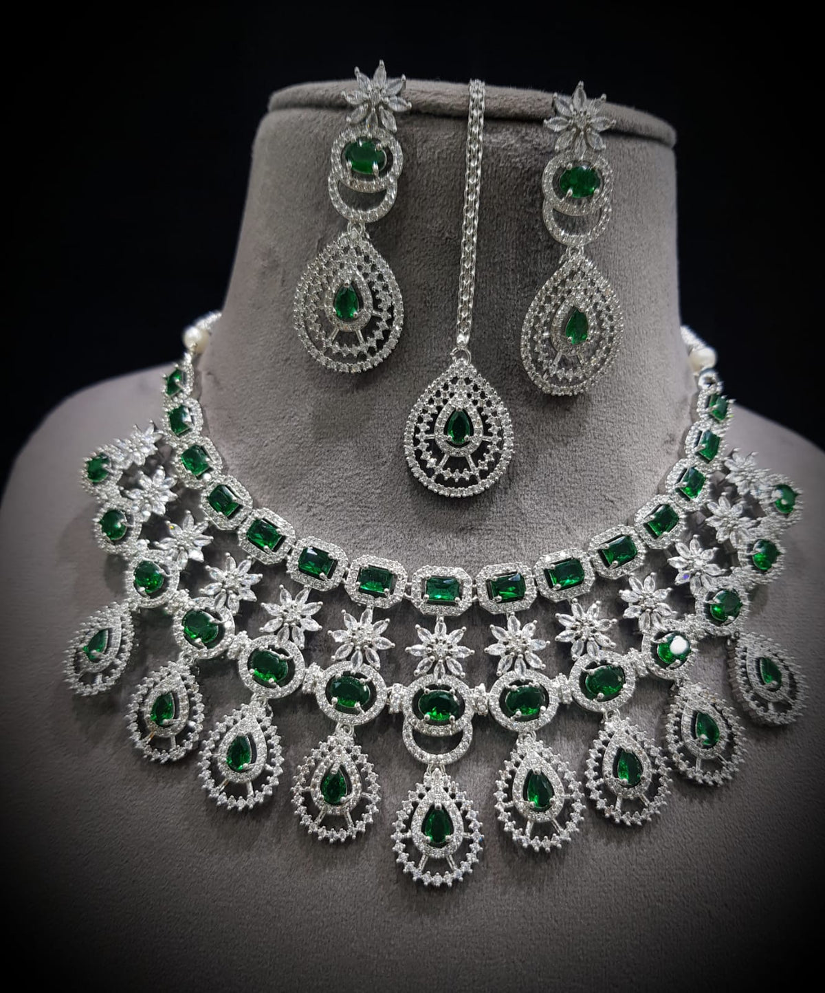 Stunning CZ Necklace Set with Maangtika American Diamond AD Design Perfect for Weddings and Engagements - Libasaa.com
