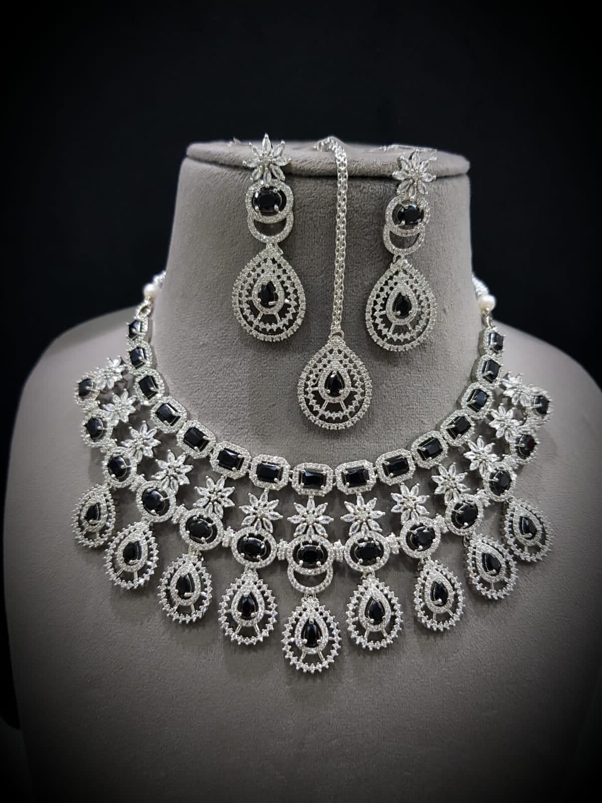 Stunning CZ Necklace Set with Maangtika American Diamond AD Design Perfect for Weddings and Engagements - Libasaa.com