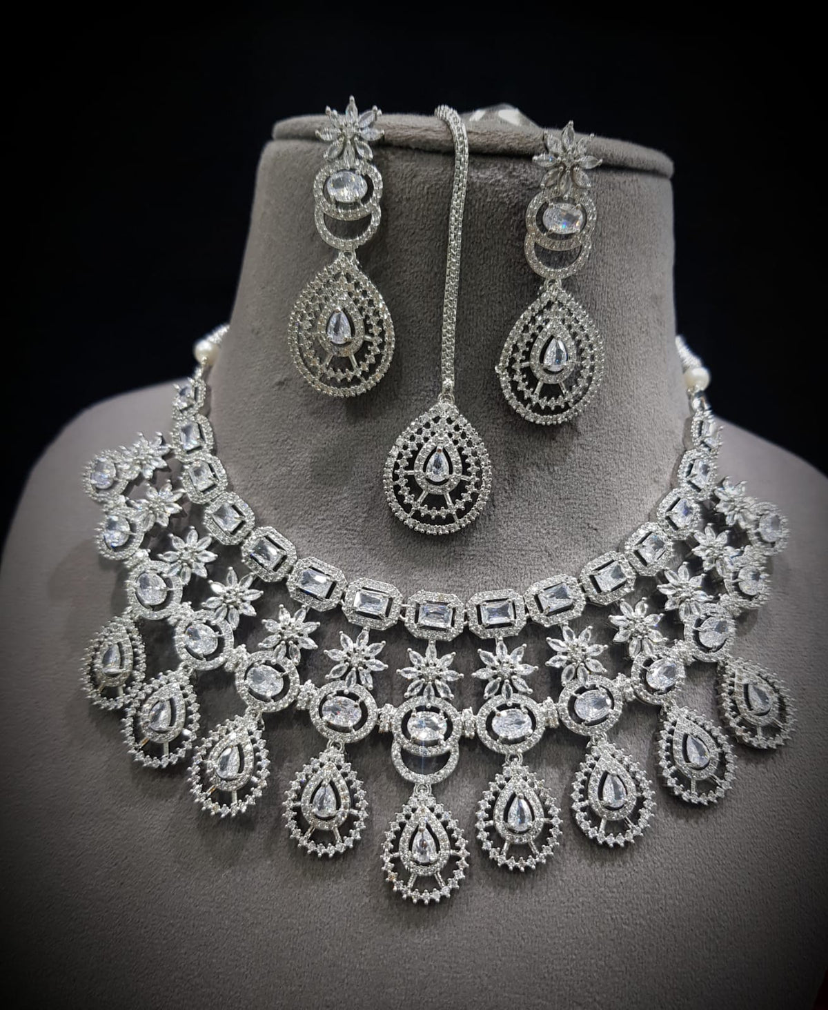 Stunning CZ Necklace Set with Maangtika American Diamond AD Design Perfect for Weddings and Engagements - Libasaa.com