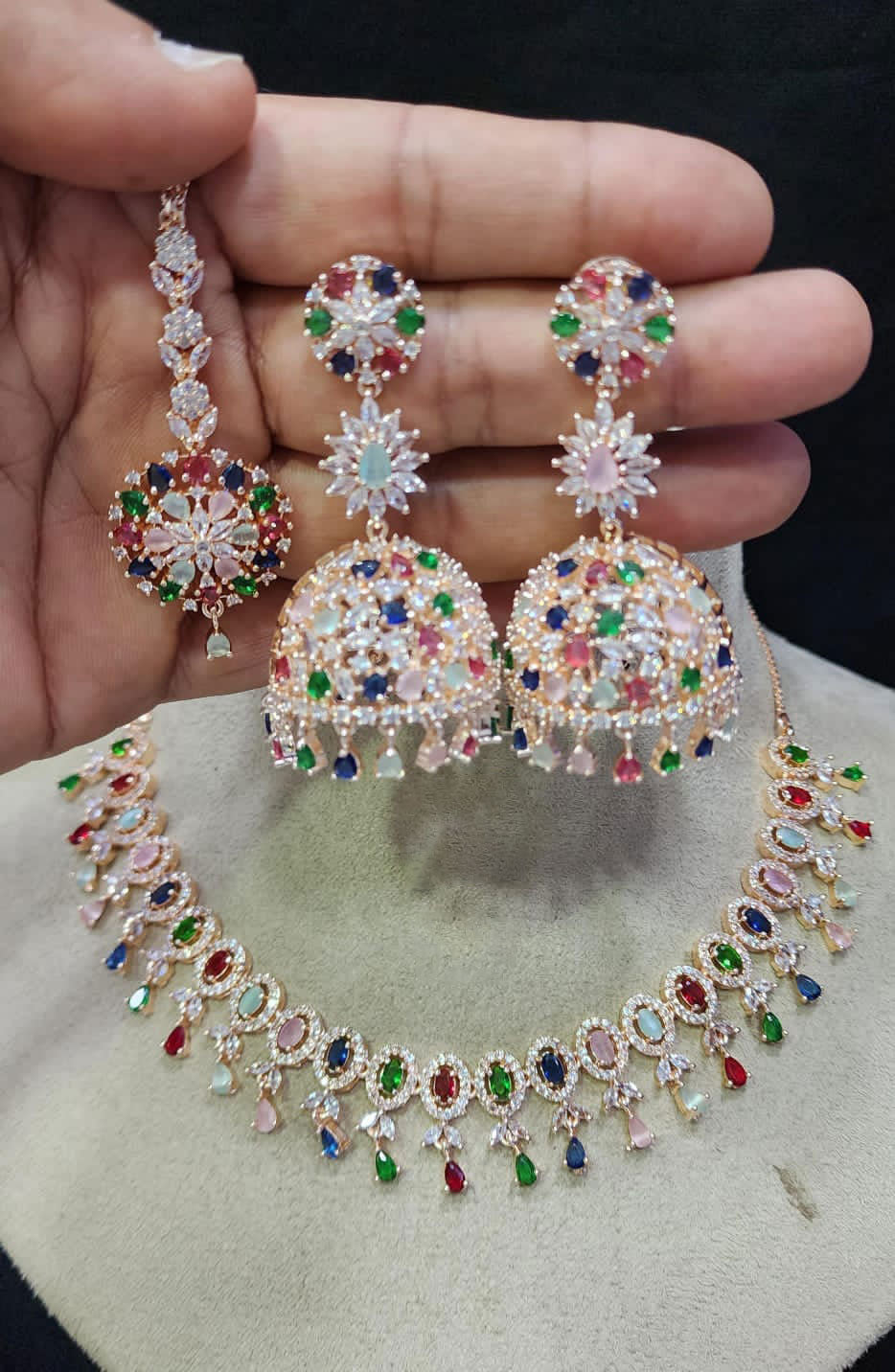 Pakistani Jewelry AD Choker Necklace Earrings Set with Maangtika CZ Stones Ideal for Bridal Weddings - Libasaa.com