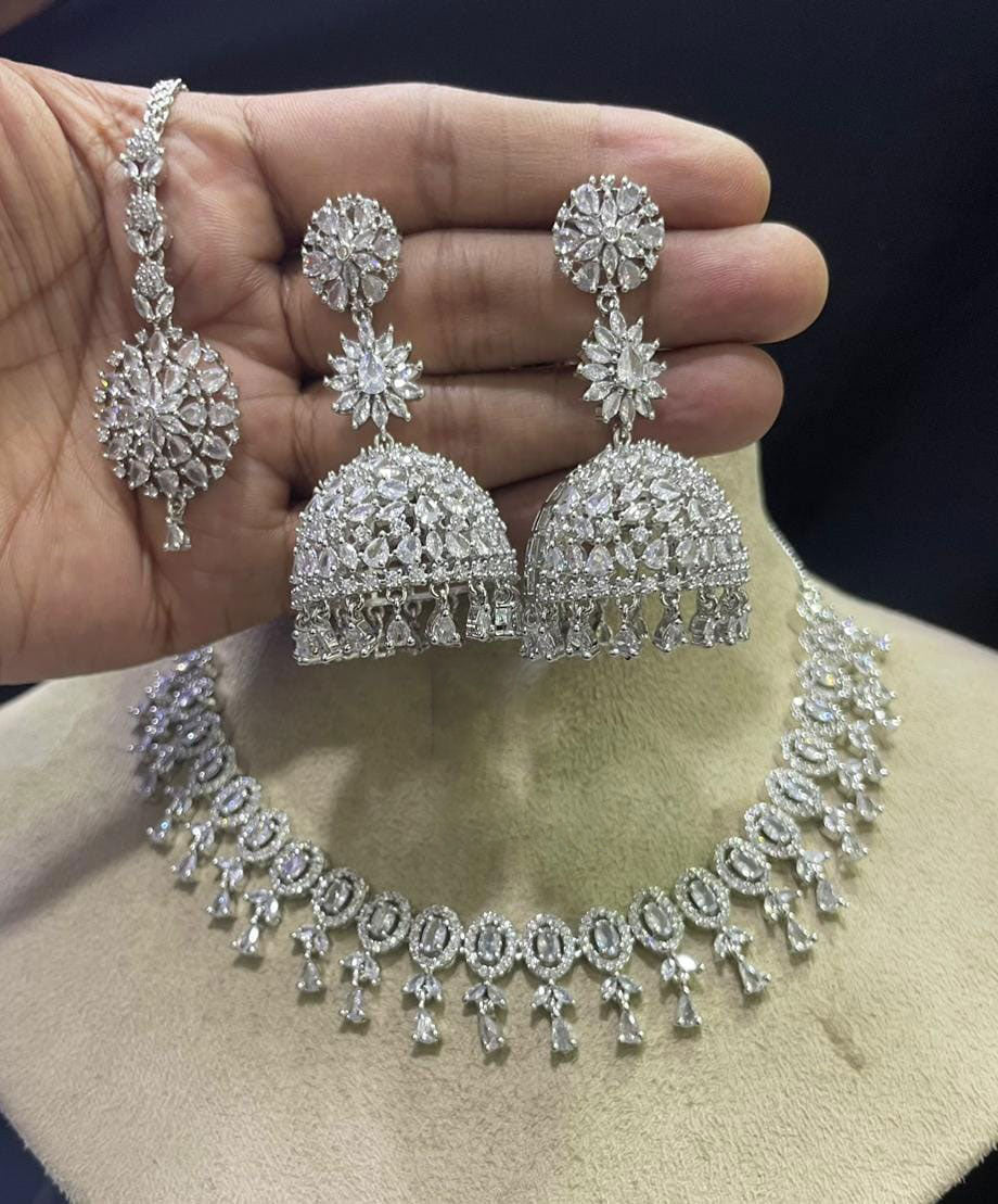 Pakistani Jewelry AD Choker Necklace Earrings Set with Maangtika CZ Stones Ideal for Bridal Weddings - Libasaa.com