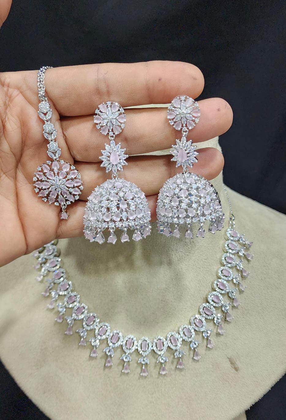 Pakistani Jewelry AD Choker Necklace Earrings Set with Maangtika CZ Stones Ideal for Bridal Weddings - Libasaa.com