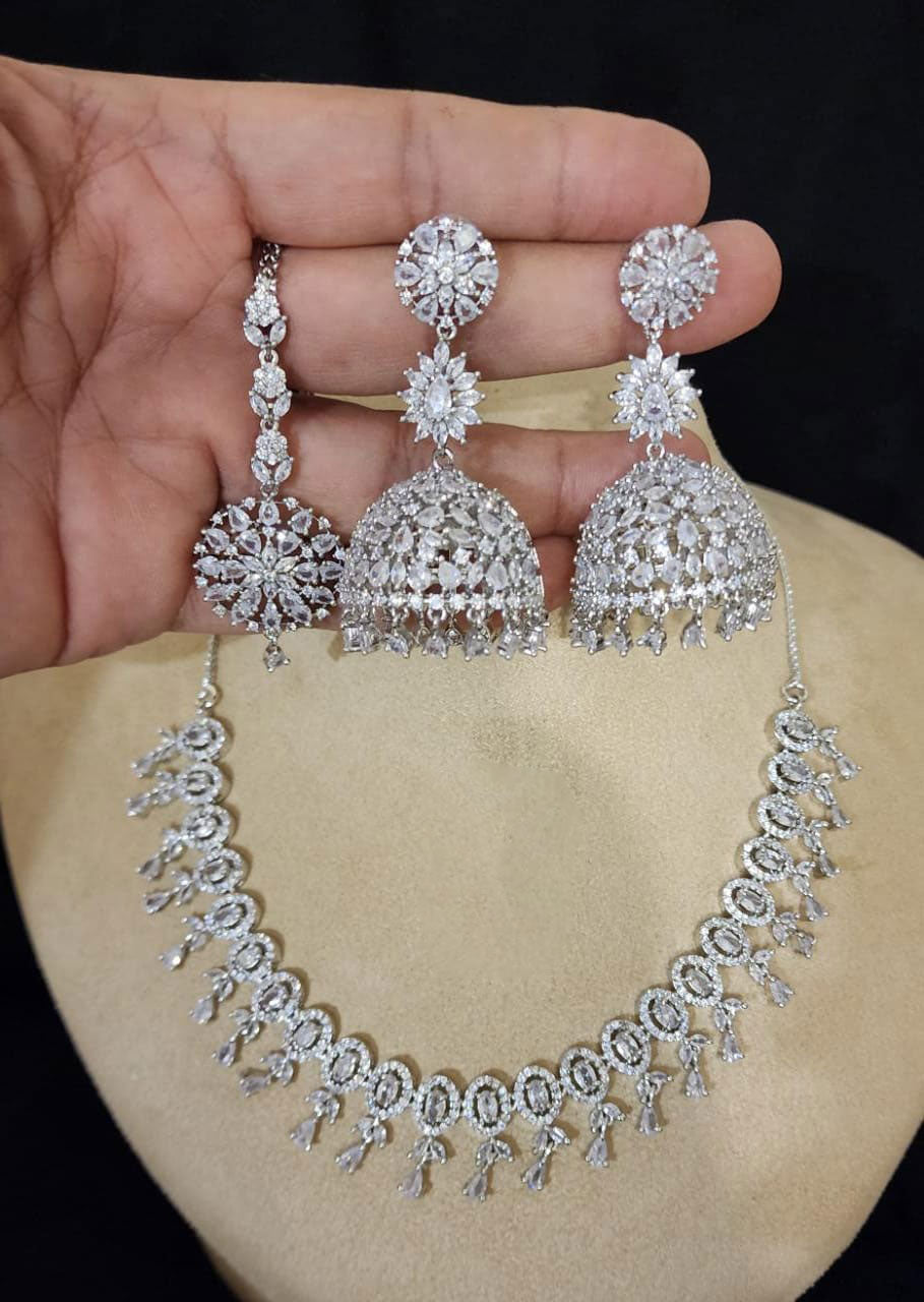 Pakistani Jewelry AD Choker Necklace Earrings Set with Maangtika CZ Stones Ideal for Bridal Weddings - Libasaa.com