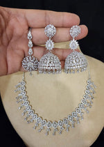 Pakistani Jewelry AD Choker Necklace Earrings Set with Maangtika CZ Stones Ideal for Bridal Weddings - Libasaa.com
