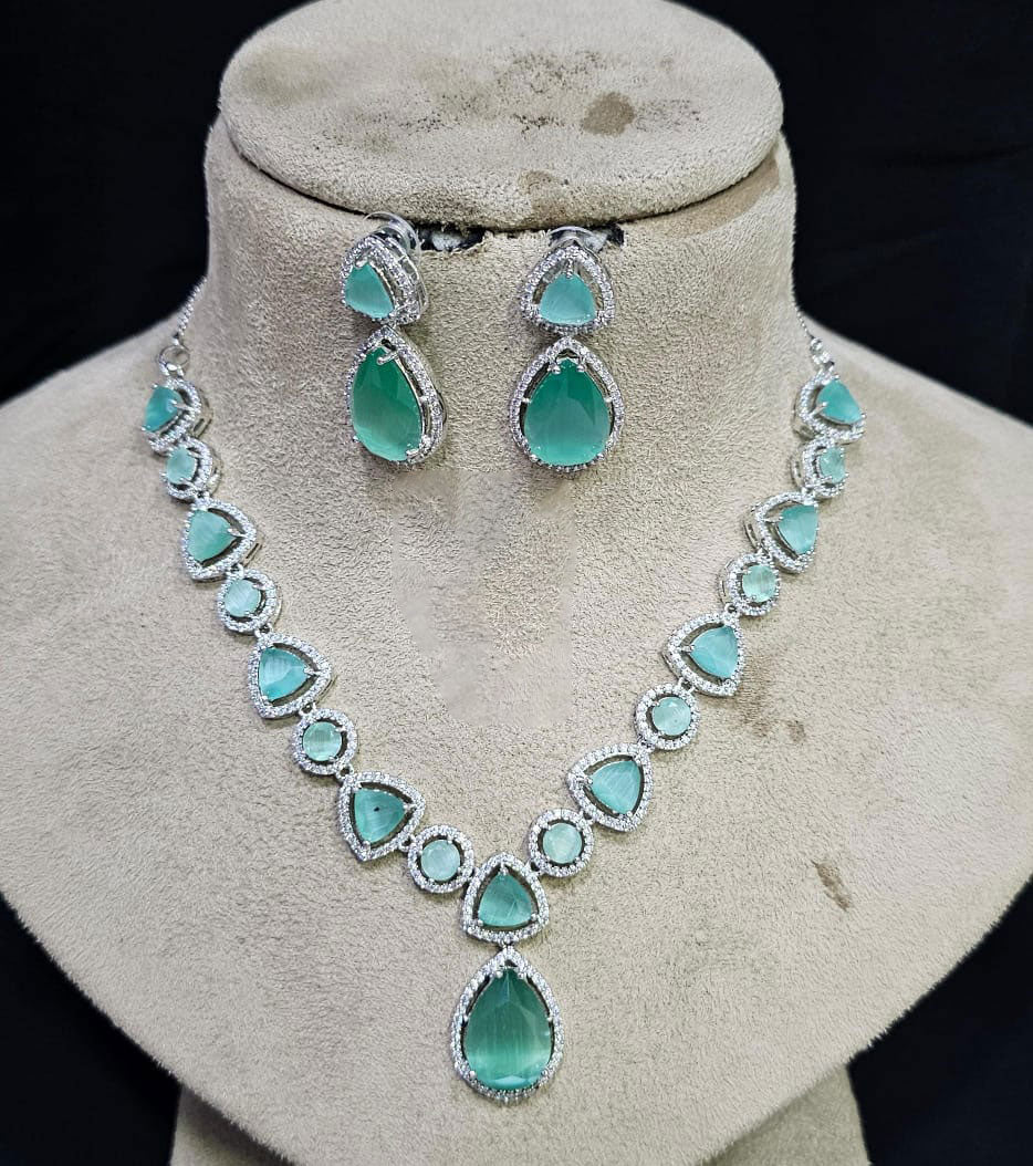 Stunning AD Choker Set with Silver Finish Bridal Jewelry for Indian Weddings and Engagements - Libasaa.com