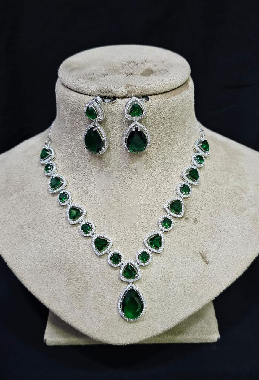 Stunning AD Choker Set with Silver Finish Bridal Jewelry for Indian Weddings and Engagements - Libasaa.com