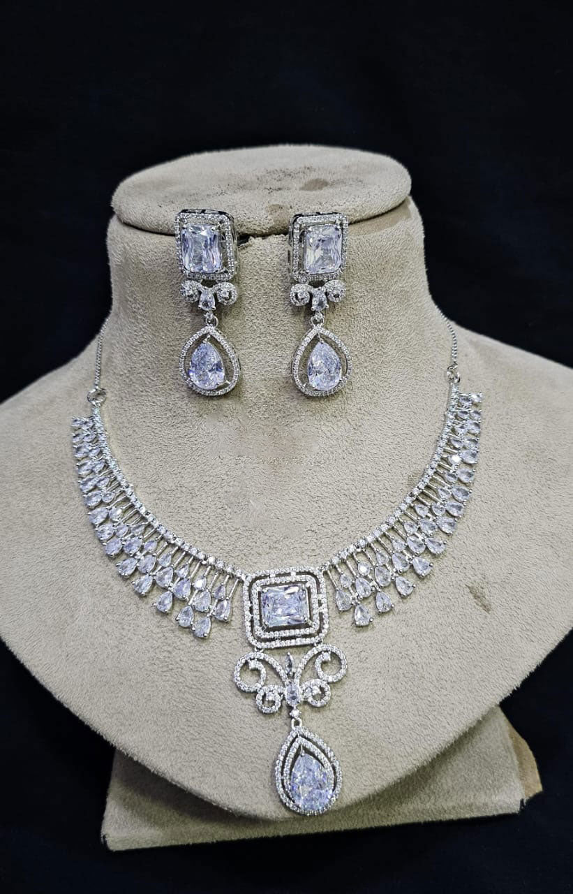Elegant CZ Jewelry Set with American Diamond AD Necklace for Bridal and Pakistani Wedding Looks - Libasaa.com