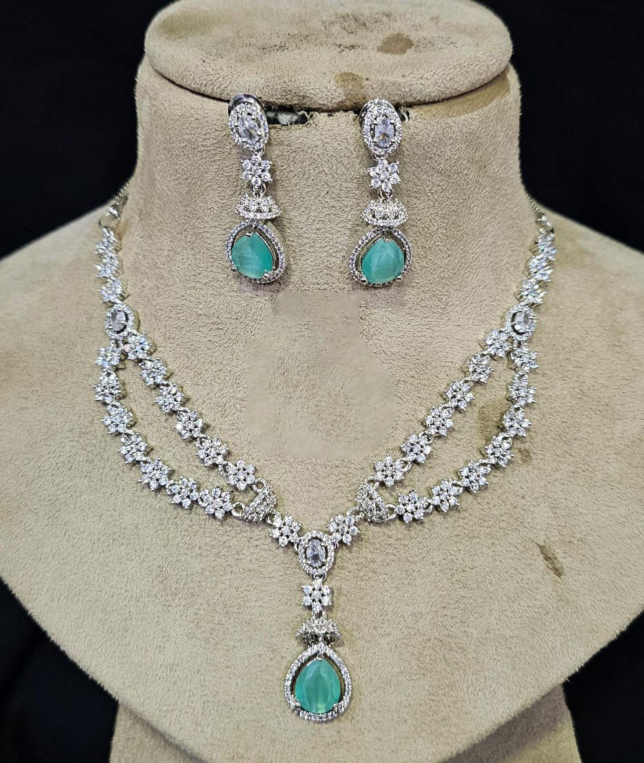 Beautiful AD Necklace Set with CZ Stones Bollywood Indian Jewelry for Bridal and Engagement - Libasaa.com