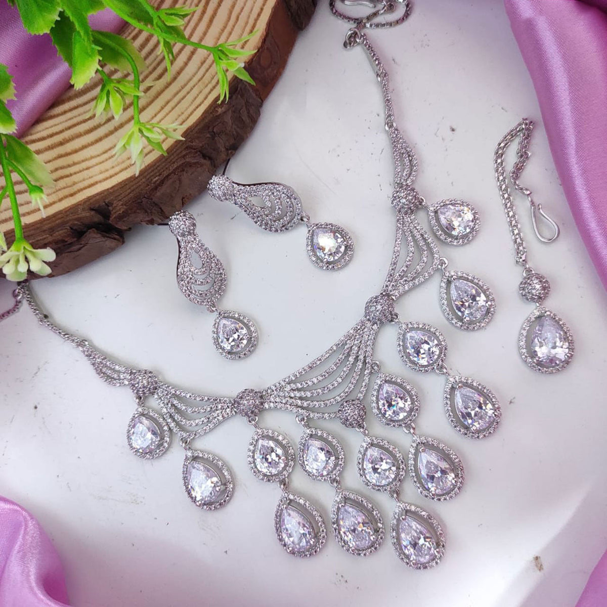 Exquisite American Diamond Choker Necklace with Maangtika Set Silver Finish for Bridal Indian and Pakistani Weddings - Libasaa.com