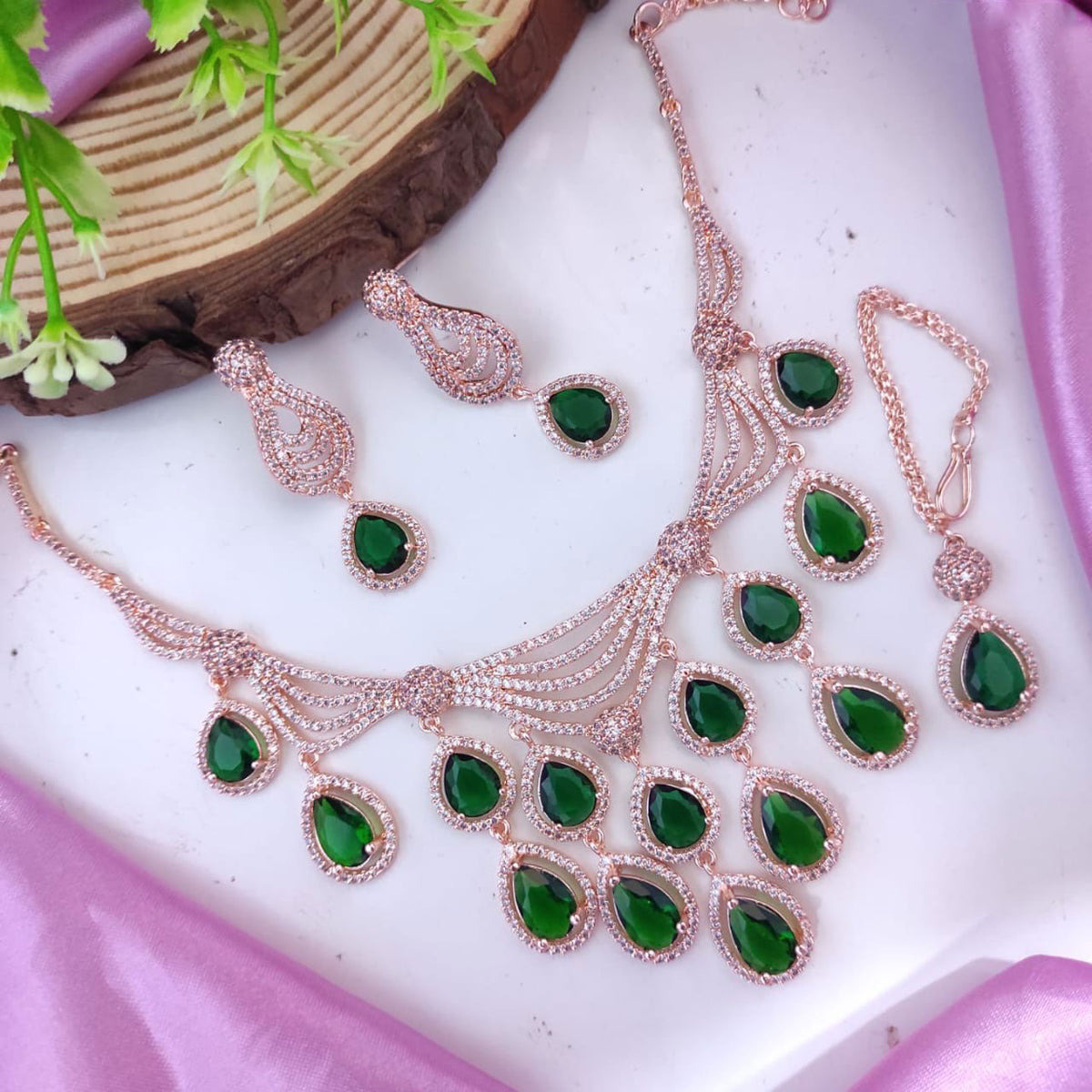 Exquisite American Diamond Choker Necklace with Maangtika Set Silver Finish for Bridal Indian and Pakistani Weddings - Libasaa.com