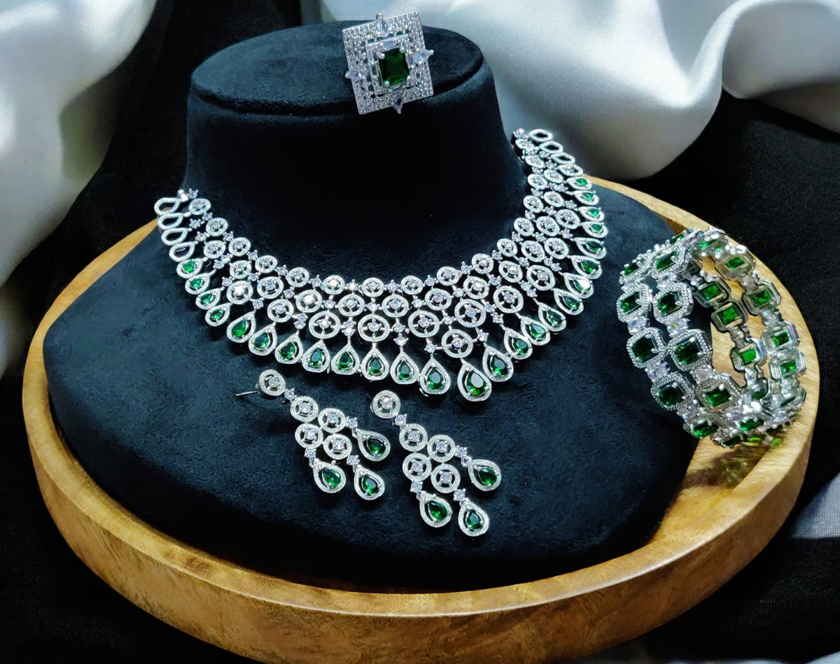 Stunning American Diamond Necklace Earrings Set with Bangles Ring, AD Necklace, AD Earrings Set, AD BAngles, AD Ring, Bridal CZ Jewelry Set, Indian AD Jewelry Set - Libasaa.com