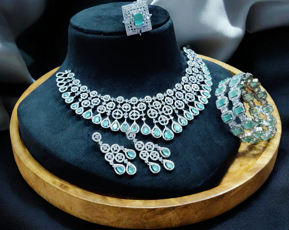 Stunning American Diamond Necklace Earrings Set with Bangles Ring, AD Necklace, AD Earrings Set, AD BAngles, AD Ring, Bridal CZ Jewelry Set, Indian AD Jewelry Set - Libasaa.com