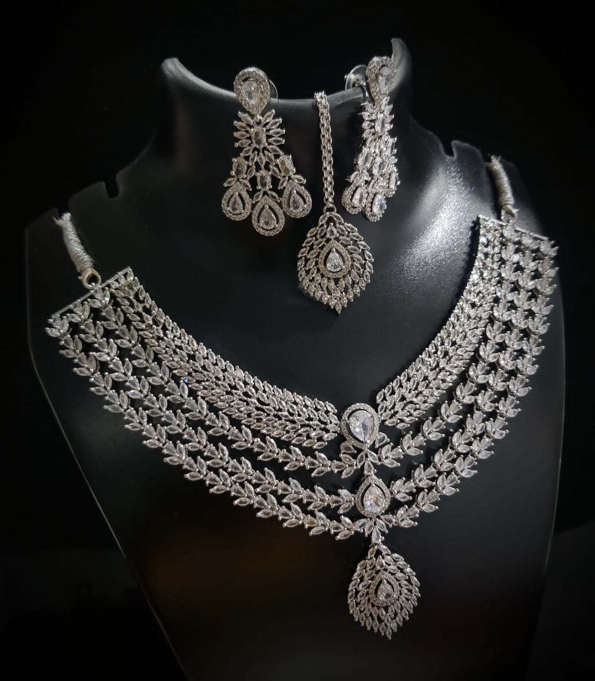 Elegant American Diamond Necklace With Earrings and Maangtika Set with Silver Finish Ideal for Bridal - Libasaa.com