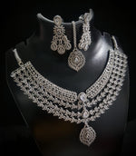 Elegant American Diamond Necklace With Earrings and Maangtika Set with Silver Finish Ideal for Bridal - Libasaa.com