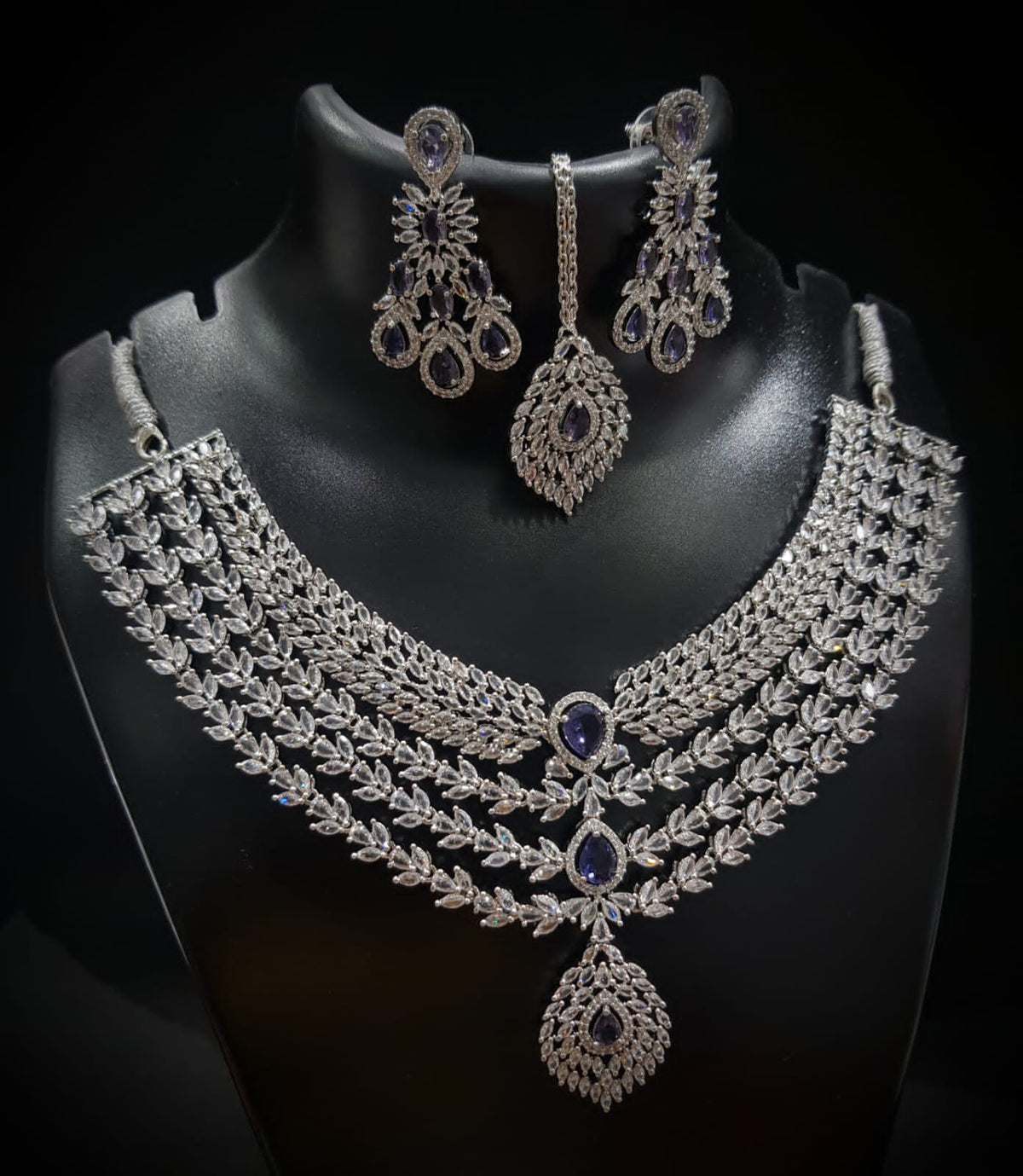 Elegant American Diamond Necklace With Earrings and Maangtika Set with Silver Finish Ideal for Bridal - Libasaa.com