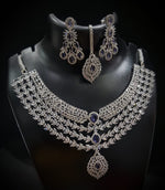 Elegant American Diamond Necklace With Earrings and Maangtika Set with Silver Finish Ideal for Bridal - Libasaa.com