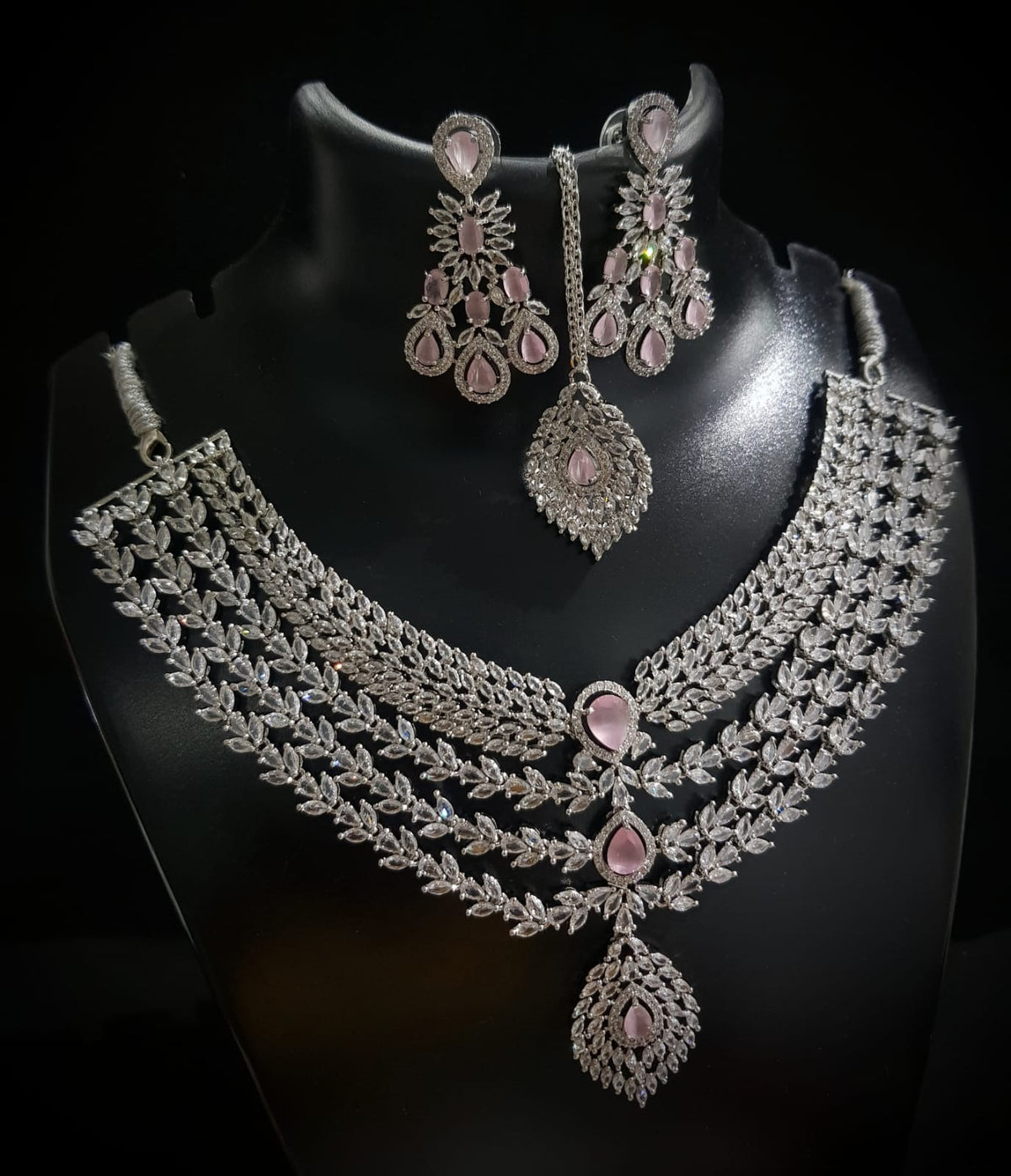 Elegant American Diamond Necklace With Earrings and Maangtika Set with Silver Finish Ideal for Bridal - Libasaa.com