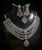 Elegant American Diamond Necklace With Earrings and Maangtika Set with Silver Finish Ideal for Bridal - Libasaa.com