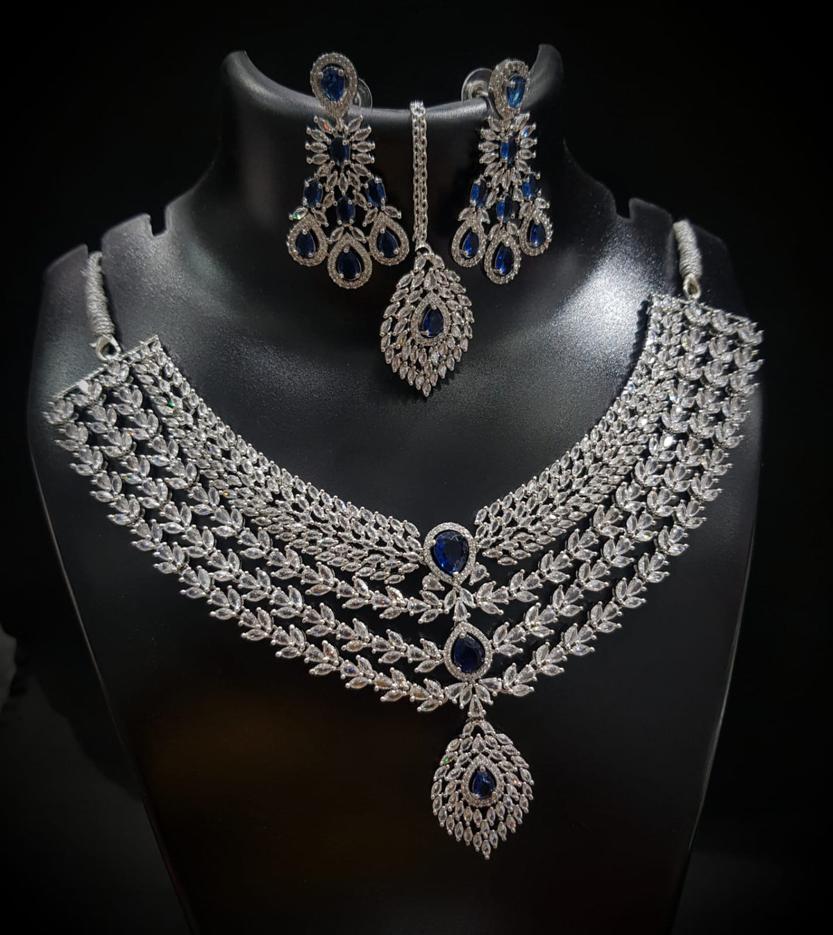 Elegant American Diamond Necklace With Earrings and Maangtika Set with Silver Finish Ideal for Bridal - Libasaa.com