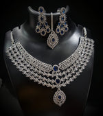 Elegant American Diamond Necklace With Earrings and Maangtika Set with Silver Finish Ideal for Bridal - Libasaa.com