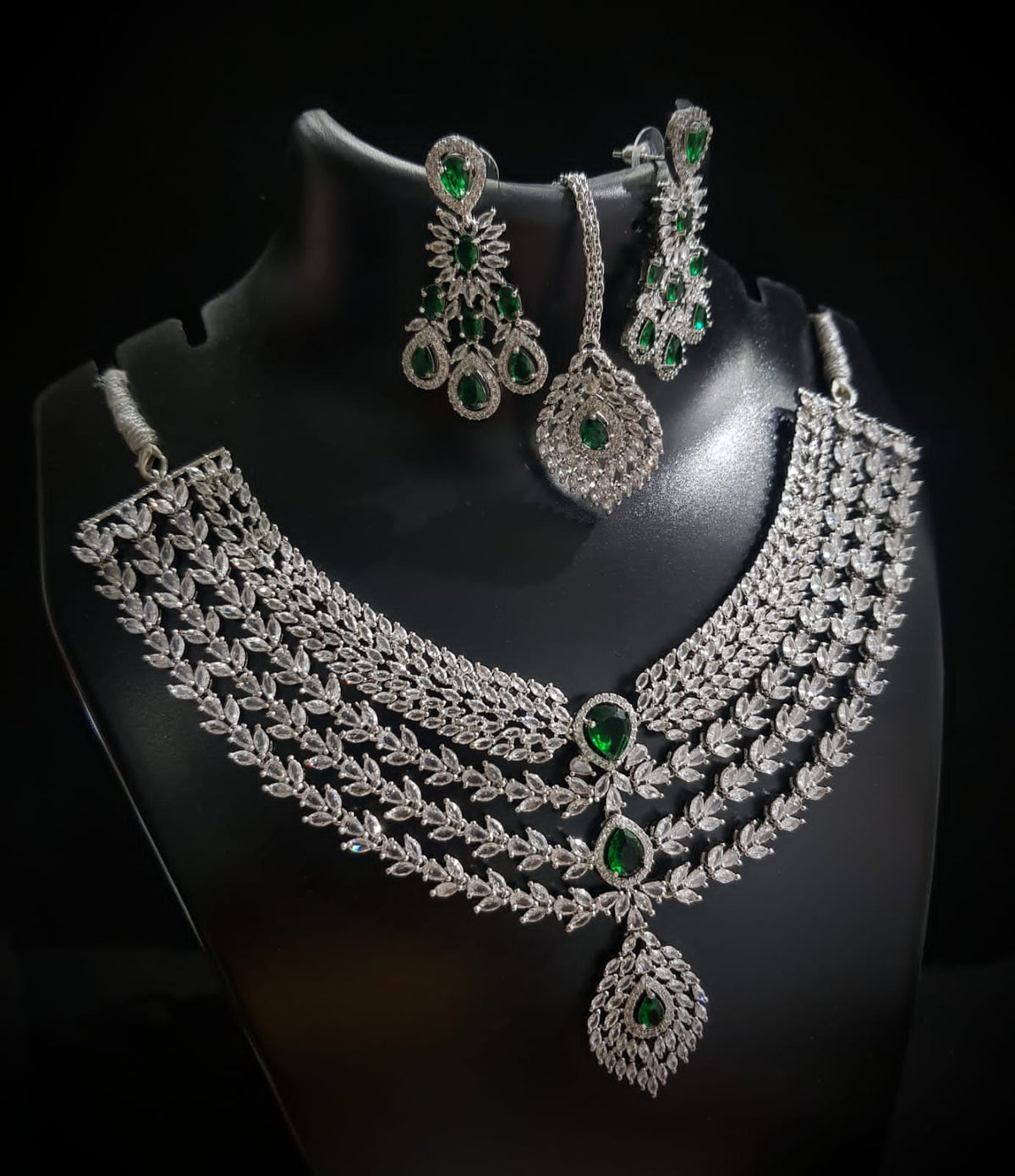 Elegant American Diamond Necklace With Earrings and Maangtika Set with Silver Finish Ideal for Bridal - Libasaa.com