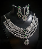 Elegant American Diamond Necklace With Earrings and Maangtika Set with Silver Finish Ideal for Bridal - Libasaa.com