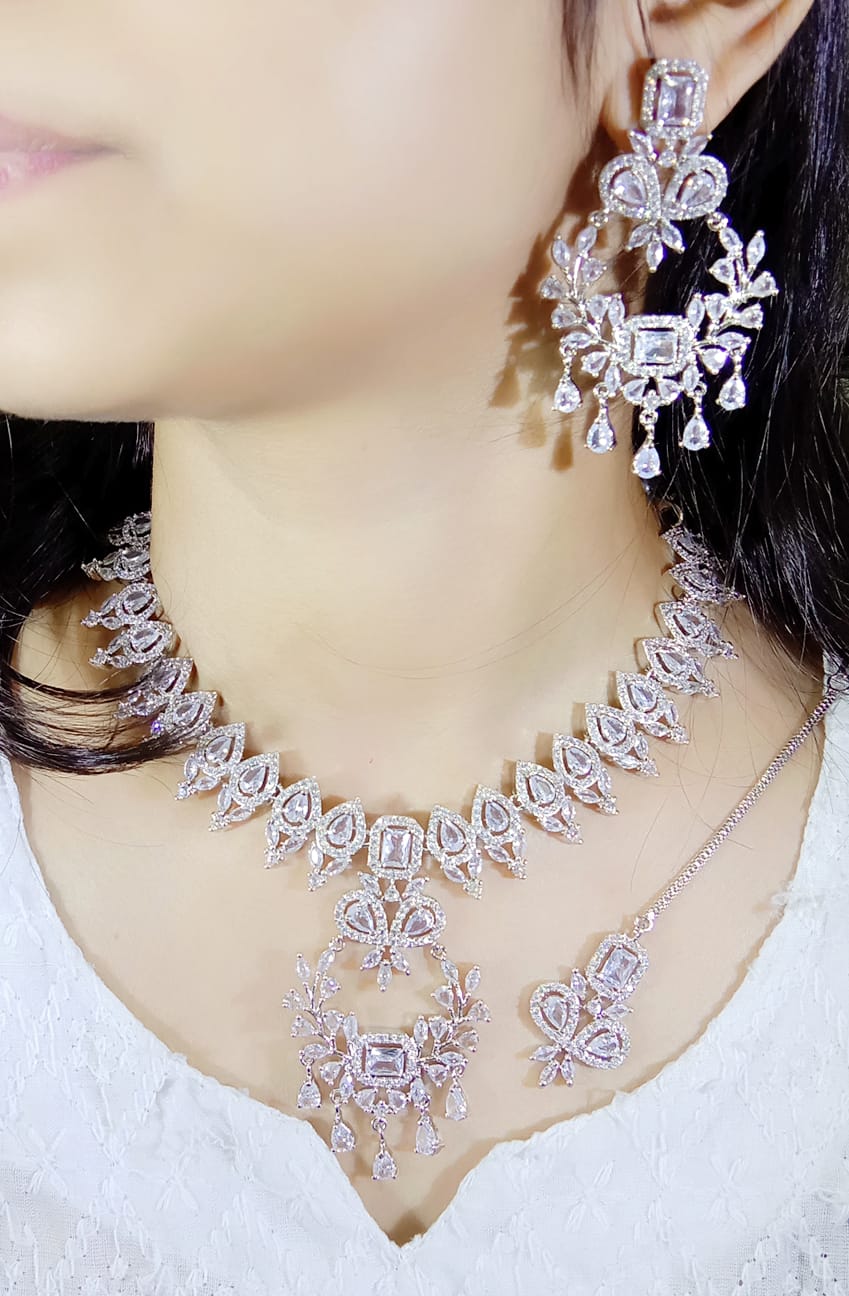 Pakistani Jewelry AD ChokerNecklace with Earrings and Maangtika Set American Diamond Perfect for Wedding and Bridal Occasions - Libasaa.com