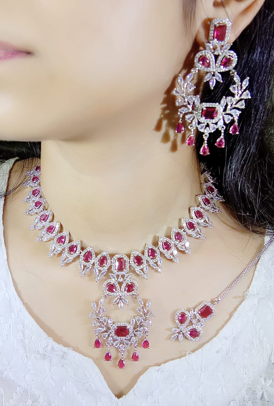 Pakistani Jewelry AD ChokerNecklace with Earrings and Maangtika Set American Diamond Perfect for Wedding and Bridal Occasions - Libasaa.com