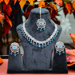 Beautiful AD Necklace Earrings Set with Maangtika premium Silver Finish for Bridal Weddings Jewelry - Libasaa.com