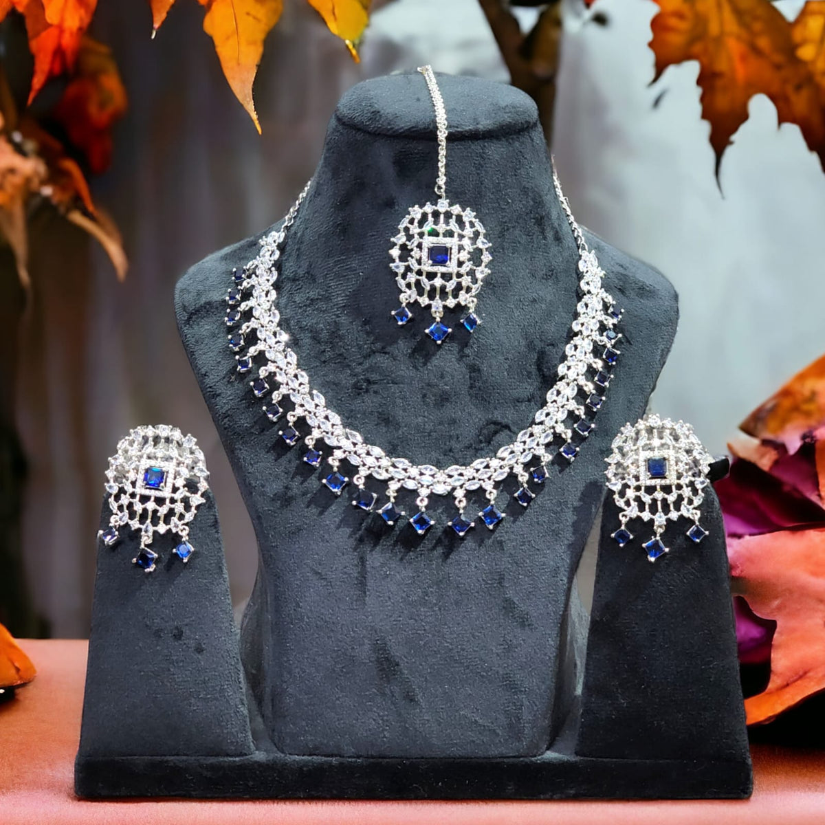 Beautiful AD Necklace Earrings Set with Maangtika premium Silver Finish for Bridal Weddings Jewelry - Libasaa.com
