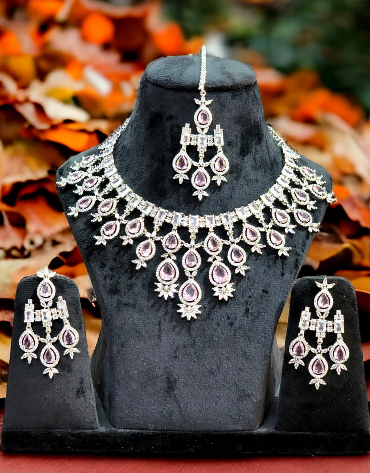 Elegant American Diamond Teardrop Shape Necklace Set with Maangtika Ideal for Bridal Special Jewelry - Libasaa.com