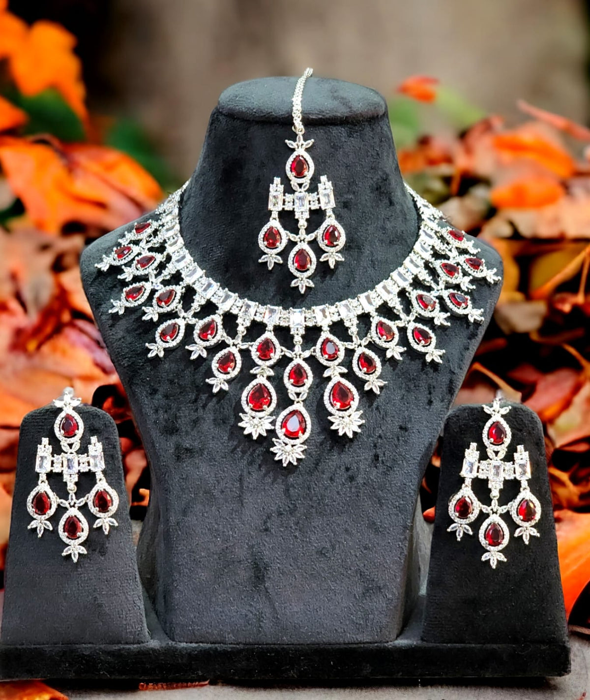 Elegant American Diamond Teardrop Shape Necklace Set with Maangtika Ideal for Bridal Special Jewelry - Libasaa.com