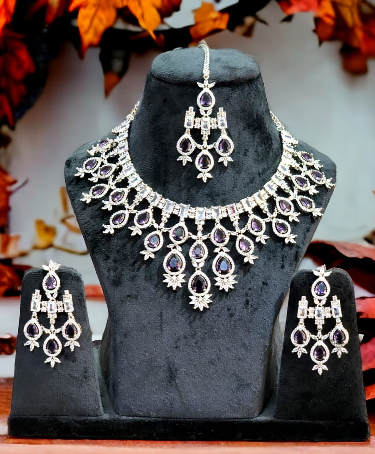Elegant American Diamond Teardrop Shape Necklace Set with Maangtika Ideal for Bridal Special Jewelry - Libasaa.com