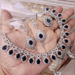 Pakistani AD Choker Necklace Eareings Set with Maangtika American Diamond for Wedding Occasions - Libasaa.com