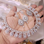 Pakistani AD Choker Necklace Eareings Set with Maangtika American Diamond for Wedding Occasions - Libasaa.com