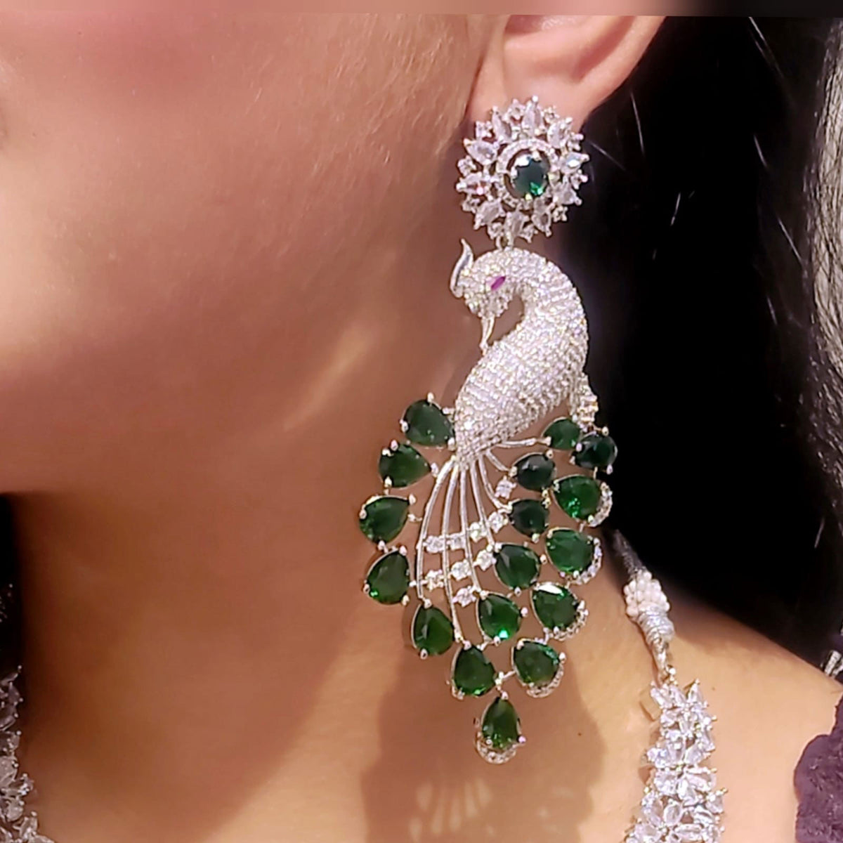 Indian Peacock-Inspired Earrings with Teardrop Gemstones Deep Blue color kundan for women - Libasaa.com