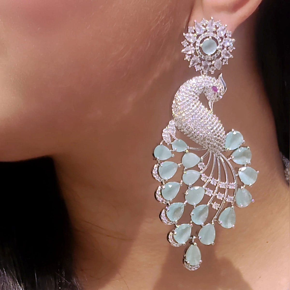 Indian Peacock-Inspired Earrings with Teardrop Gemstones Deep Blue color kundan for women - Libasaa.com