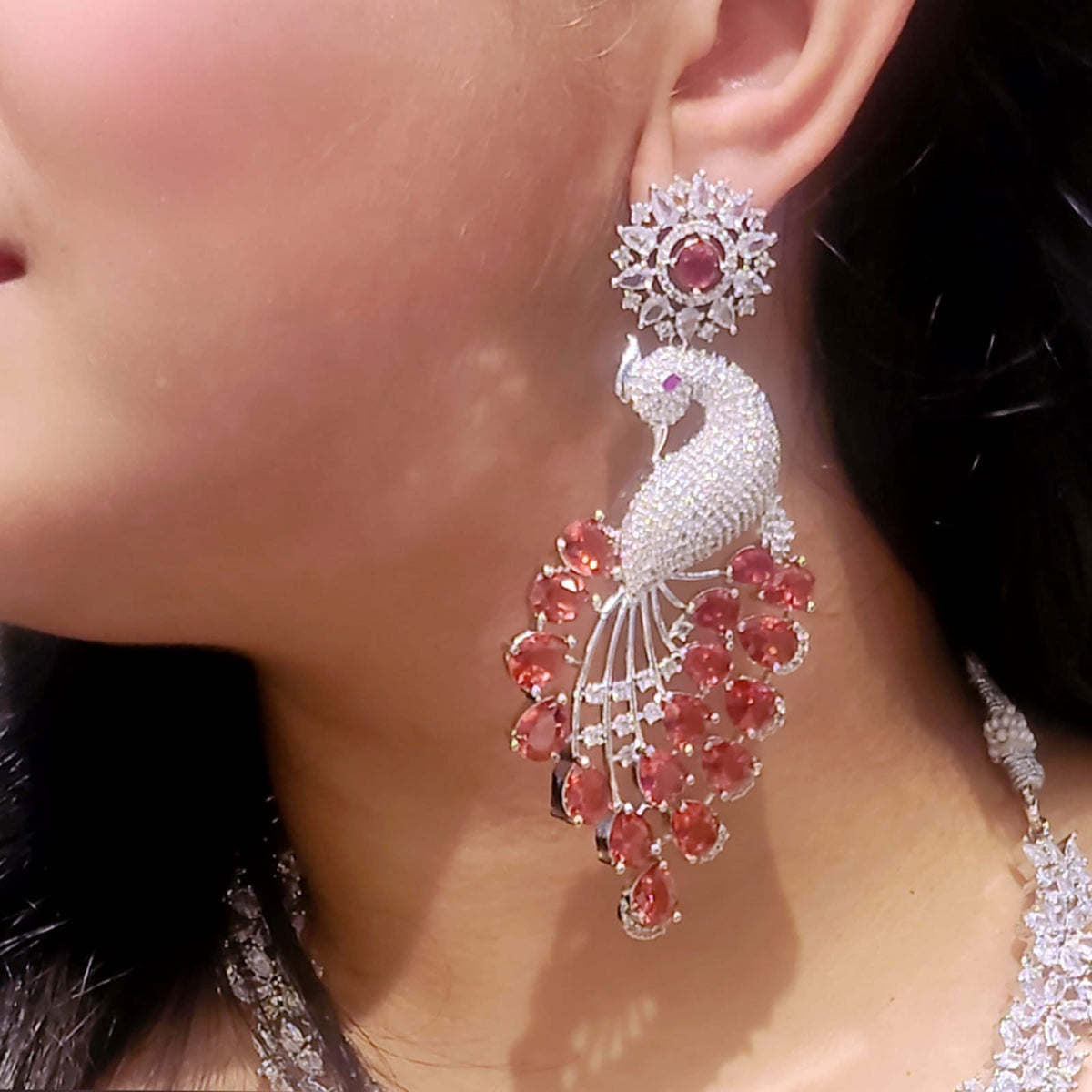 Indian Peacock-Inspired Earrings with Teardrop Gemstones Deep Blue color kundan for women - Libasaa.com