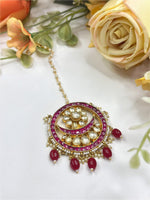 Statement Pink Kundan Maang Tikka with Red Beads | Indian Bridal Jewelry - Libasaa.com